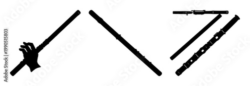 Flute set with black silhouette on white background featuring music, instrument, acoustic with flat design and line art vector