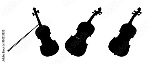 Violin set with bold black silhouette on white background featuring musical instrument, classical art, line illustration with music and design