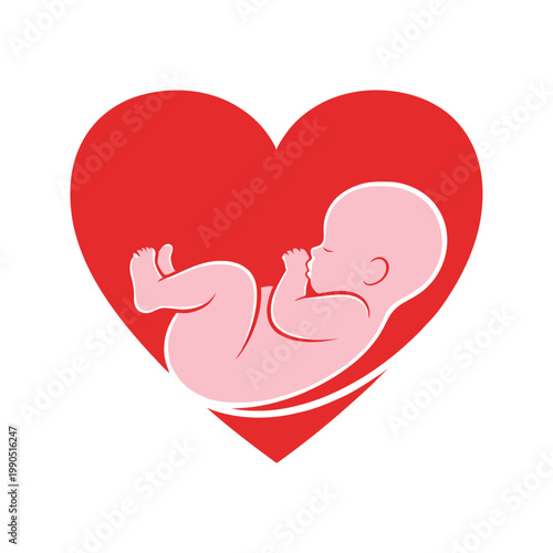 Captivating graphic design symbolizing the profound joy and delicate nature of new life, depicting an infant nestled securely within a vibrant red heart, representing care, love, and future growth