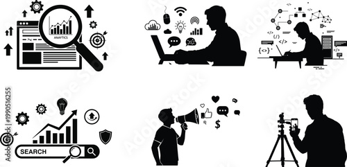 Digital marketing analytics set with people working, SEO research, data analysis, online business strategy icons, black vector illustration isolated