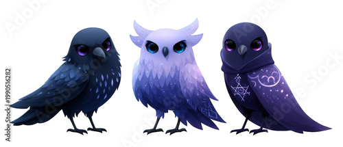 Three whimsical, stylized birds with unique features and colors, set against a transparent background
