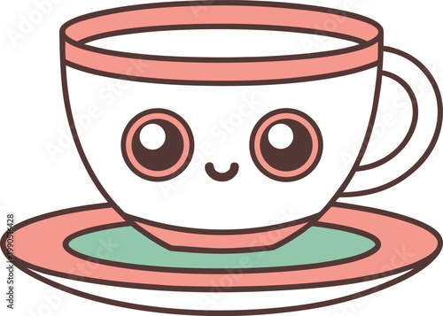 Adorable kawaii tea cup character with a happy face on a matching saucer for breakfast
