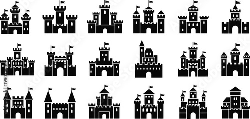 Castle silhouette icon collection with medieval fortress tower battlement architecture artwork, black vector template set