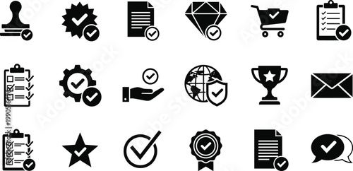 Checkmark approval icon collection with validation achievement verification business productivity artwork, black vector template set