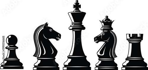 Chess pieces silhouettes, pawn knight king queen rook, strategic board game icons, black vector illustration, classic design, abstract chess art