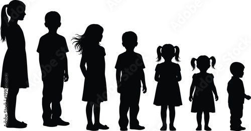 Children silhouette illustration, kids growth artwork, childhood development concept, family design vector, black and white educational template