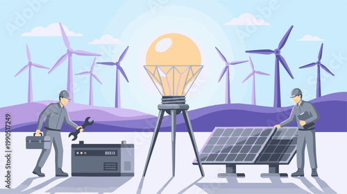 Engineers maintaining renewable energy systems with wind turbines and solar panels