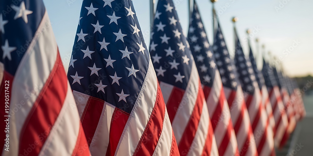Obraz premium Row of American flags in close-up detail patriotism