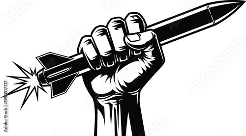 Clenched fist holding rocket silhouette illustration, protest empowerment artwork, military strength design concept, black and white vector template set