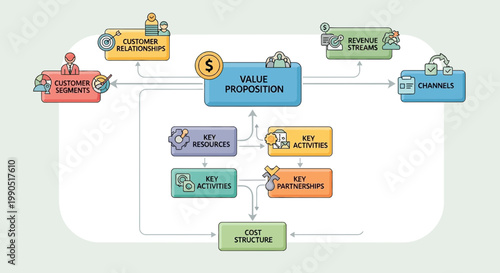 Business strategy, marketing flowchart, value proposition diagram, vector infographic