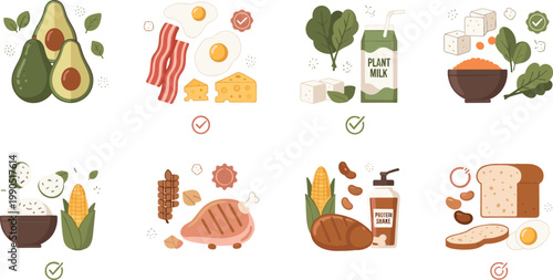 Healthy and unhealthy food comparison set, balanced diet versus junk nutrition concept with vegetables meat dairy and processed products flat vector illustration