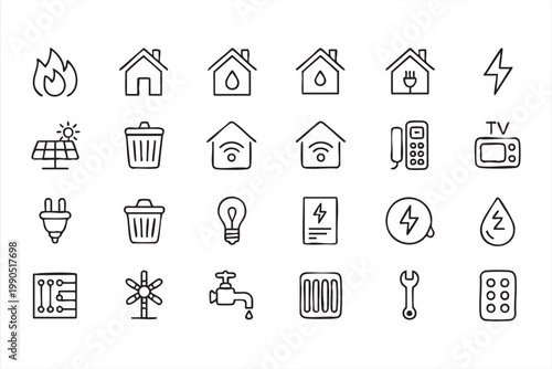 Smart home energy icons, electricity solar wifi bulb plug system set for automation design