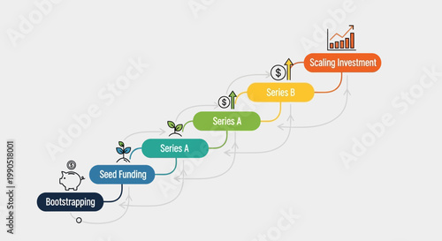 Startup funding stages, venture capital process, seed money, series A, B, C, investment growth vector