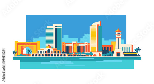 San Diego City Skyline Vector Illustration, Flat Style Graphic of Coastal Urban Architecture with Iconic Buildings and Waterfront for Travel Design Concepts