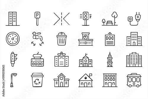 Photos Urban infrastructure icons, city building transport system collection for smart