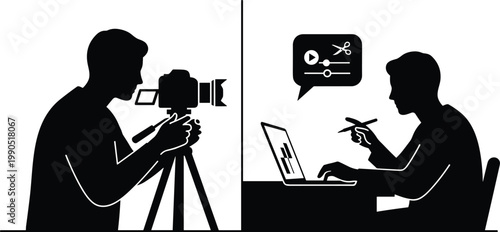 A stark black and white illustration depicts a photographer and a remote editor collaborating on a project showcasing modern workflow