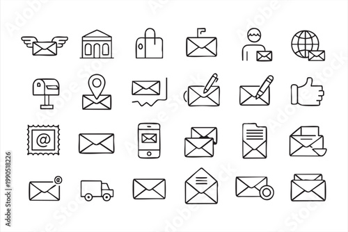 Mail communication icons, email message notification delivery collection for online service