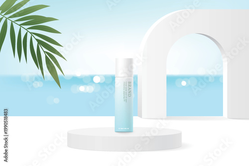 Cosmetic product ads template on water background with  leaves.