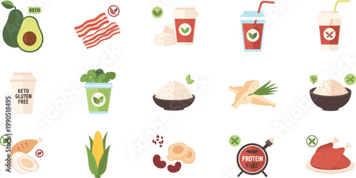 Healthy organic food icons collection with avocado vegetables grains protein sources and fresh drinks flat vector illustration set for nutrition design
