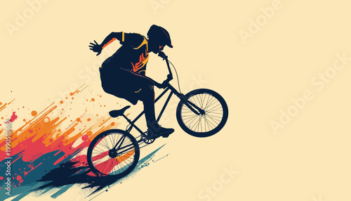 A silhouette of a cyclist executing a stunt on a bicycle, with an abstract burst of color in the background.