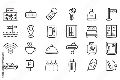Hotel Service Line Icon Set, Travel, Hospitality, Booking, Accommodation Symbols