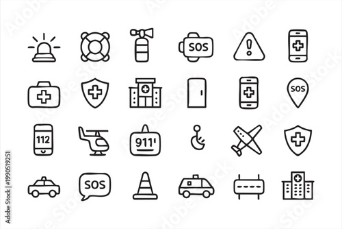 Safety and Emergency Icons, First Aid, Hospital, Police, Alert Collection