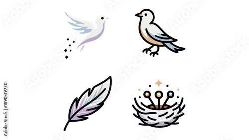 Whimsical Bird Collection: A charming compilation of delicate bird illustrations, showcasing a variety of poses and elements, perfect for design and decor. 