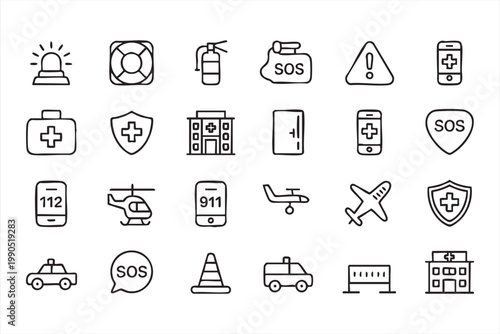 Emergency Medical Icon Set, Rescue, Ambulance, SOS, Healthcare Symbols