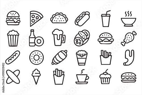 Fast Food Icon Set, Burger, Pizza, Fries, Snack, Takeaway Meal Symbols