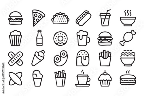 Snack and Fast Food Line Icons, Burger, Pizza, Coffee, Restaurant Symbols