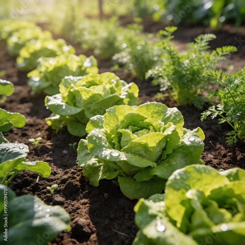 Lush Green Vegetable Garden Rows in Morning Light