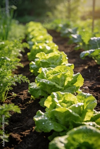 Lush Green Vegetable Garden Rows in Morning Light