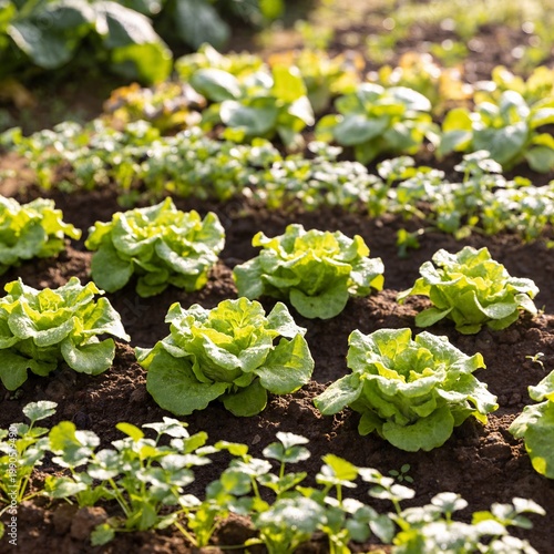 Lush Green Vegetable Garden Rows in Morning Light