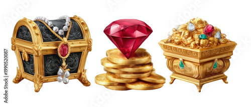 Treasure chest filled with gold coins, a large ruby, and jewels, set against a neutral background