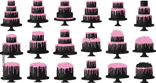 Black cakes collection with pink dripping icing, elegant dessert set, bakery sweets assortment for celebration, birthday and party vector illustration