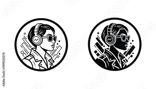 Stylish woman with headphones icon set showing music enthusiast or podcast listener in trendy urban style for social media profiles and music app branding