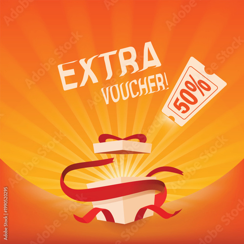 Eid Special Offer Voucher Concept with Gift Box and Light Rays Background, Discount Coupon Promo Design with Present Box and 50 Percent Off Tag, Holiday Sale Gift Box Illustration with Voucher Ticket 