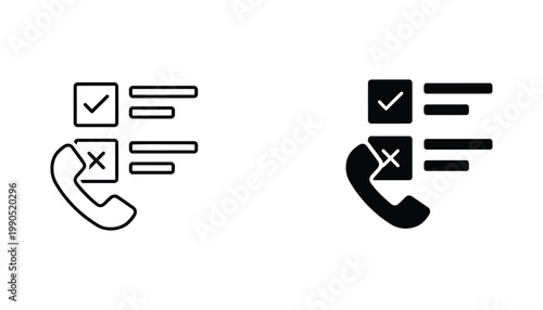 Call center task list icon set with check and cross symbols in linear and solid black glyph style for customer support and service quality monitoring design assets