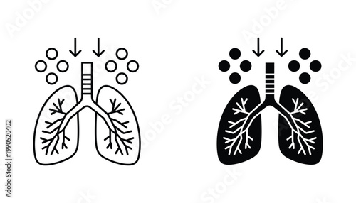 Human lungs with pollution particles icon set in outline and solid black for health and environmental awareness
