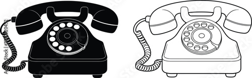 Vintage rotary telephone illustration in solid and outline styles representing classic communication device