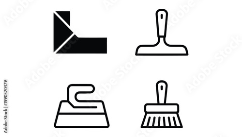 Cleaning Tools: A set of four essential cleaning tools, elegantly illustrated, offering a minimalistic design for effective and visual communication.