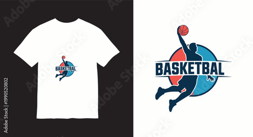Basketball player dunking on t shirt design emblem with ball graphic.