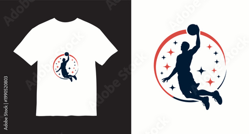 Basketball player dunking with stars and circles on white t-shirt.