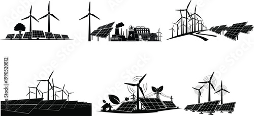 Black and white illustration of wind turbines and industrial landscape with buildings and trees