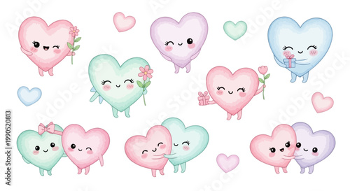 Cute heart shaped cartoon characters smiling.