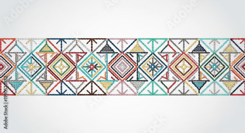 Colorful geometric tribal pattern with arrows and diamonds.