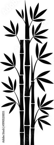 Elegant Bamboo Silhouette Vector Illustration with Upright Stalks and Leaves on White Background