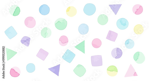Pastel colored geometric shapes floating.