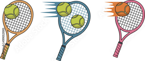 Illustration of tennis gameplay with rackets hitting balls emphasizing motion and energy