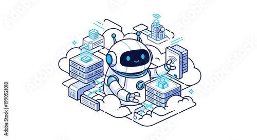 AI robot managing cloud infrastructure with connected servers and smart data system